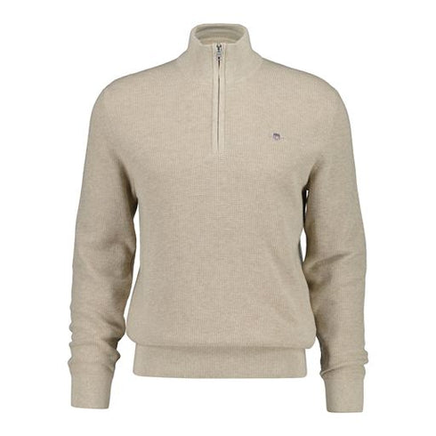 Gant Textured Cotton Half Zip Knitwear Beige